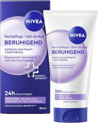NIVEA Nachtpflege Beruhigend, extra sanfte Gesichtscreme für 24h Feuchtigkeit, beruhigende Nachtcreme mit Süßholzextrakt und Panthenol für sensible Haut (50 ml)