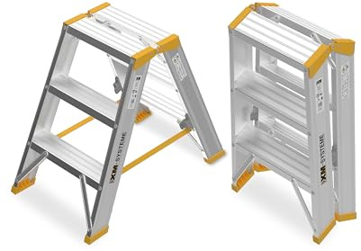 XM-Systeme® Alu-Stufenstehleiter 2 x 3 Stufen – rutschfeste, stabile Trittfläche nach TRBS 2121-2, kompakte Slide-Stop-Stufen – Profi Stehleiter für Industrie & Handwerk - GS-geprüft - Trittleiter