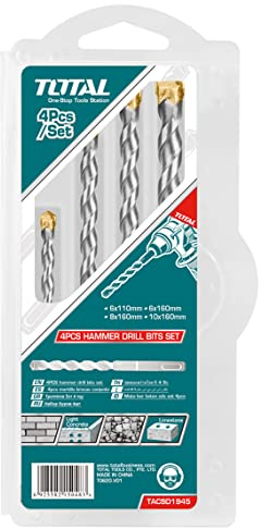Total Tools - 4er-Set Wandbohrer | SDS Plus für Schlagzeug | Parabolisches Profil zur Evakuierung | Eingangsspitze für glatte Oberflächen