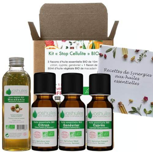VOSHUILES - Kit Stop Cellulite - 3 Huiles Essentielles + 1 Végétale Bio - 100% Pure et Naturelle - HEBBD, Ecocert - Cyprès, Citron, Genévrier, Macadamia - Massage - 3x10ml, 1x50ml
