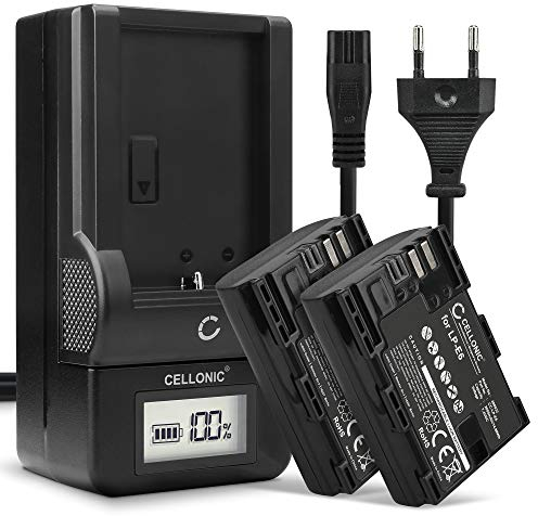 CELLONIC, Akku für Kamera, kompatibel mit Blackmagic Pocket Cinema 4k, Canon LP-E6NH (7.4V, 2000mAh) 2 Stück + Ladegerät
