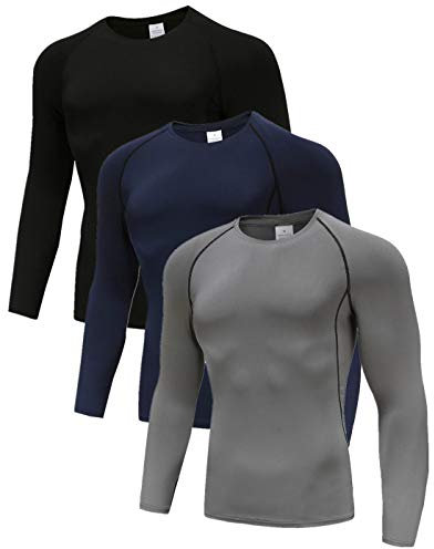 Holure 3 Pack Compression Shirts for Men Long Sleeve Mens Running Top Quick Dry Base Layer Tops for Gym Sports Fitness Workout Black/Blue/Grey-M