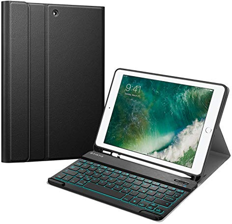 FINTIE beleuchtete Tastatur Hülle für iPad 9.7 Zoll 2018/2017 - Soft TPU Rückseite Gehäuse mit Pencil Halter, magnetisch Abnehmbarer QWERTZ Tastatur mit Hintergrundbeleuchtung, Schwarz