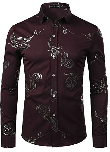PARKLEES Mens Hipster Gold Rose Printed Slim Fit Long Sleeve Dress Shirts/Prom Performing Shirts PZ56 Burgundy S
