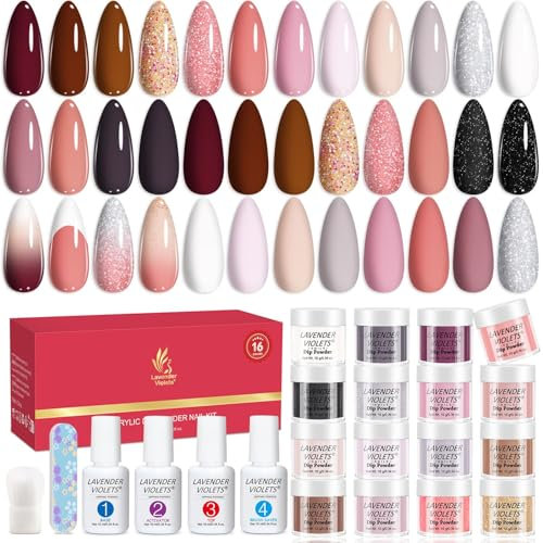 Lavender Violets 20PCS Fast-Dry Dip-Powder-Nail Kit Nude Glitter Pink and Brown Nail Dipping Powder Set French With Base Activator Top Brush Saver Manicure Miss Coffee M960