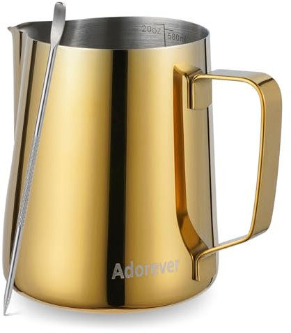 Milk Frothing Pitcher, 600ml (20oz) Steaming Pitchers Stainless Steel Milk Coffee Cappuccino Latte Art Barista Steam Pitchers Milk Jug Cup with Decorating Art Pen, Gold