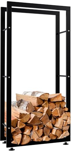 CLP Kaminholzständer Keri V2 I Aus Schwarzem Metall I Kaminholzregal Mit Bodenschonern I Stapelhilfe Für Brennholz | Farbe schwarz Größe 25x60x125 cm