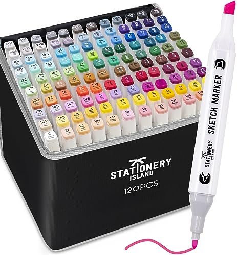 STATIONERY ISLAND Marker Stifte in 120 Farben + Transportbox – Alcohol Transportbox Marker für Mandalas, Zeichnen, Malen für Erwachsene, Grafikdesign, Anime, Comic und Manga Art