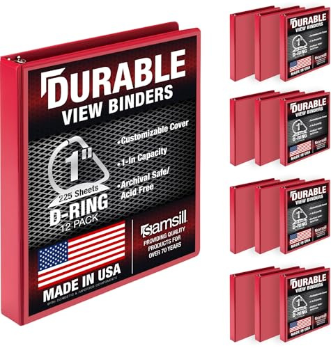 Samsill Durable 1 inch 3 Ring Binder, Made in USA, D Ring Binder, FSC 100% Recycled Chipboard, Red, 12 Pack
