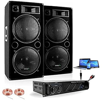 IBIZA Sound Light - Pack Sono 4000W - 2 Enceintes Double Boomer 38CM 2X2000W Max - 1 AMPLI Sono 3000W Max - CÂBLAGE Enceintes - Cable PC - Idéal Grands éspaces Pack Sono DJ
