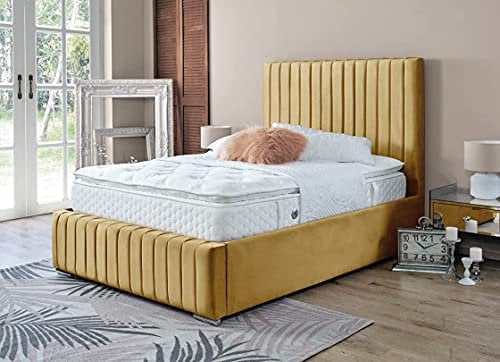 Small Double Ottoman Bed| Small Double storage bed(4ft), Gas Lift Up Bed Frame, Upholstered Bed with Base and Headboard, Heavy Duty Mesh Frame (Mustard)