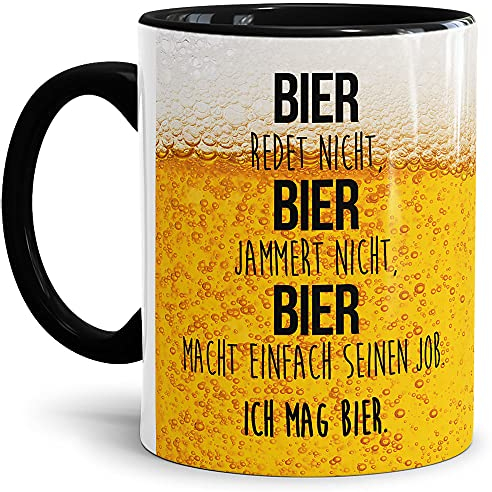 Tassendruck Lustige Tasse für Männer mit Spruch - Ich mag Bier! - Geschenk für Männer, Freunde und Kollegen - Keramik Innen & Henkel Schwarz, 300 ml