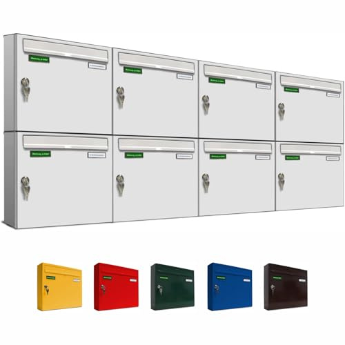 AL Briefkastensysteme Basic 8er Briefkasten RAL 9016 Verkehrs Weiss 8 Fach DIN A4 wetterfest Briefkastenanlage mit Posthaltebügel und 2 Namensschildern