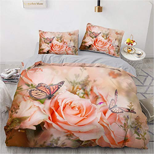 Luowei Bettwäsche Rosen 135x200cm 4 Teilig Rosa Blüten Schmetterling Vintage Floral Bettbezug Set Weiche Microfaser Bettbezug und 2 Kissenbezüge 80 x 80cm für Doppelbett