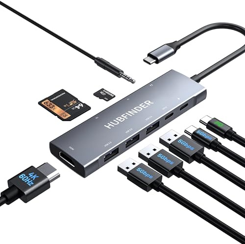 USB-C-Hub, HUBFINDER 9-in-1 Multiport-Adapter mit 100 W Power Delivery, 4K HDMI-Ausgang, 3 USB 3.0 und USB-C 5 Gbit/s Datenanschlüsse, SD/TF-Kartenleser, MacBook Air, MacBook acBook Pro iPad Pro
