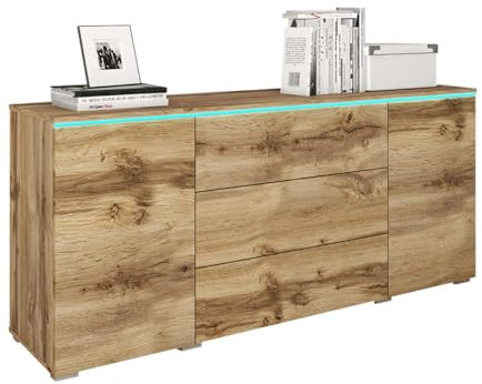 Mirjan24 Kommode Doppo 150 mit 3 Schubladen und 2 Türen, Griffloses Öffnungssystem, Anrichte, Sideboard, Highboard, Mehrzweckschrank (Wotan/Wotan, mit RGB LED Beleuchtung)