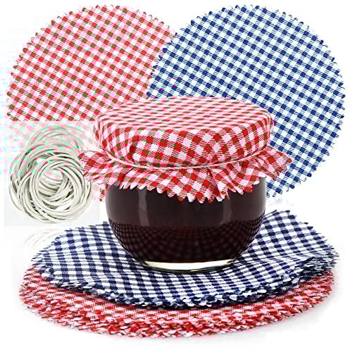 COM-FOUR® 30x napperons décoratifs pour pots Mason - napperons à confiture avec caoutchouc - décoration pour pots Mason - napperons en verre pour décorer les pots à confiture (030 pièces - rouge/bleu)
