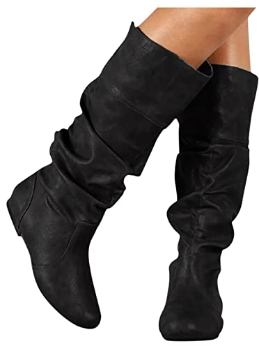 Stivali Invernali Donna Pelle Caldo Curvy Anfibi Vintage Sopra il Ginocchio Elasticizzati Stivali Cowboy Western Boots con Tacco Camoscio Morbidi Stivaletti Stivali Alti Larghi Sexy