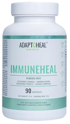 Adaptoheal Immuneheal – Suplemento Potenciador del Sistema Inmune con Schisandra Chinensis, Ginseng y Extracto de Hongos – Vegano, Sin Gluten ni Lácteos (90 Cápsulas)