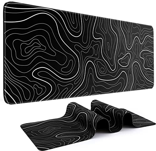 DIGSOM Grand Tapis de Souris 80 x 30 cm avec Base en Caoutchouc antidérapant, Tapis de Souris étendu Noir topographique Minimaliste pour Souris