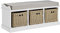 Tetbury White Bench Storage Hallway Seating 112cm | 3 Brown Baskets and Grey Cushion Storage Bench ASSEMBLED
