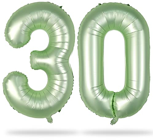 Palloncini con numero 30 verde salvia, 101 cm, in lamina verde oliva, numero 3 e 0, da donna, autogonfiabili, per 30° compleanno, anniversario, decorazioni per feste