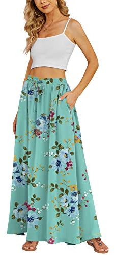 Yincro Damen Flowy Maxi Rock Sommer Plissee Hohe Taille Casual Lange Röcke mit Taschen, Mintgrün, XX-Large