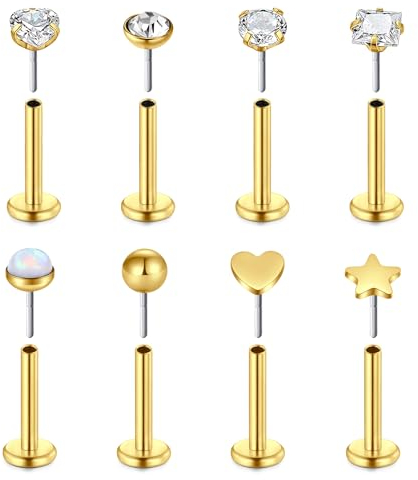 FECTAS 8stk Lippenpiercing Stecker Gewindeloser Push In Lippenstäbchen Labret Stud Piercing Edelstahl 16G 8mm Tragus Knorpel Helix Ohrring Piercingschmuck Gold