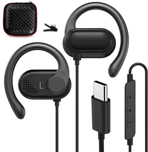 Open Ear Headphones Wired for Samsung S25 S24 Ultra S23 Fe S22+ A35, USB Type C Earphone with Mic Over Ear Wired Earbuds with Ear Hook for iPhone 17 Air 16 15 Pro Max Plus iPad Pixel 10 9 8a 7