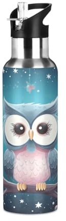 Linnyio Chouette De Dessin Animé Mignon Gourde Sport Étanche,Sans BPA,Bouteille D'Eau Isolée Thermos Sport Tasse À Vide en Acier Inoxydable,1000ml/600ml