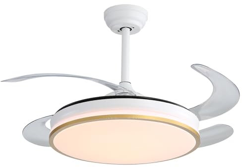 Jumoking Ventilateurs de Plafond avec Lumiere LED 47W, 106CM Ventilateur de Plafond Pales Rétractables, 3 Températures de Couleur Réglables,6 Vitesses, Minuterie, Moteur DC Réversible (Gold, 4 Lames)