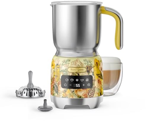 Hazel Quinn Montalatte Elettrico, cappuccinatore elettricoIn Acciaio Inox, 5 In 1 Funzione, Design Diviso, Schiuma Di Latte Calda E Fredda, Adatto Per Latte Macchiato, Cappuccino,400ML-Stampa Floreale