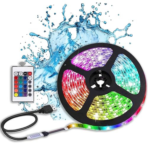 rynli Waterproof LED Strip Lights Without Bluetooth, 1M RGB LED Strip Light with Remote, USB Powered, Color Changing, Decorative Lighting Ideal Lights for Bedroom, Kitchen, Gaming, TV Backlight
