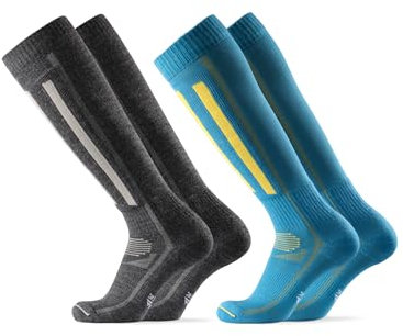 DANISH ENDURANCE Merino Wool Ski Socks, Knee-high Thermal Socks with Shin Padding, Men & Women, Unisex, 2-Pack, Multicolour (1xblue/Yellow, 1xdark Grey), 3-5