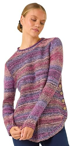 Roman Button Detail Curved Hem Jumper for Women UK - Ladies Autumn Everyday Winter Holiday Round Neckline Comfy Long Sleeve Soft Top Day Office Sweaters - Wine - Size 12
