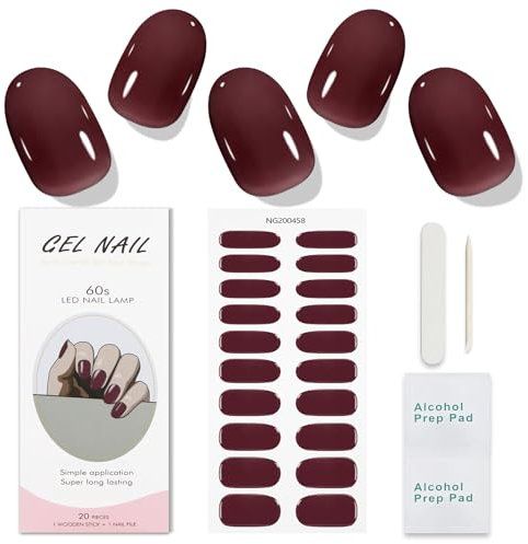 JMEOWIO Gel Nail Stickers Wine Red Semi Cured Gel Nail Strips Wraps UV/LED Nails Art Design Decoration Accessories