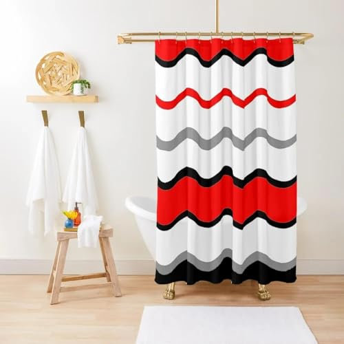 BHTMOI Rideau de douche en tissu imperméable pour salle de bain avec 12 crochets Rouge/noir/blanc/gris 150 x 150 cm