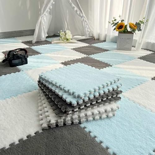 Generisch Ineinandergreifende Teppichfliesen weiche Anti-Rutsch-Plüsch-Puzzle-Schaumstoff-Bodenmatte, 30x30x1cm Quadrate Puzzle-Teppich, Spielmatten für Boden(Blue+White+Gray,10Pcs)