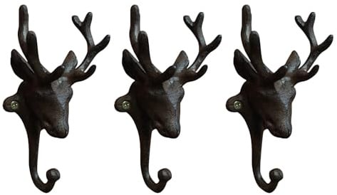 Fyne-Finds Set of 3 Cast Iron Brown Stag Head Wall Single Hook Rack Utility Storage for Coats Keys Bags Leads Hanger