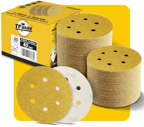80PCS 150mm 40 Grit 6 inch 6 Hole Sanding Discs Sandpaper - Premium Gold Round Hook and Loop for Random Orbital Sander - Ideal for Wood, Metal, Automotive