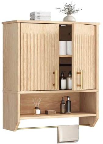 HOOBRO Hängeschränke fürs Bad, Medizinschrank, Küchenschrank, Wandschrank für Badezimmer mit Handtuchstange und verstellbarem Einlegeboden, für Bad, Küche, Natur ENL135CW01