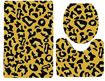 Badezimmerteppich Gelber Leopard Druck WC Vorleger mit Ausschnitt WC Deckelbezug 3 Teiliges WC Teppich rutschfeste Badgarnitur U förmiger Badematte Waschbar Bad Teppiche Set 45x75 cm