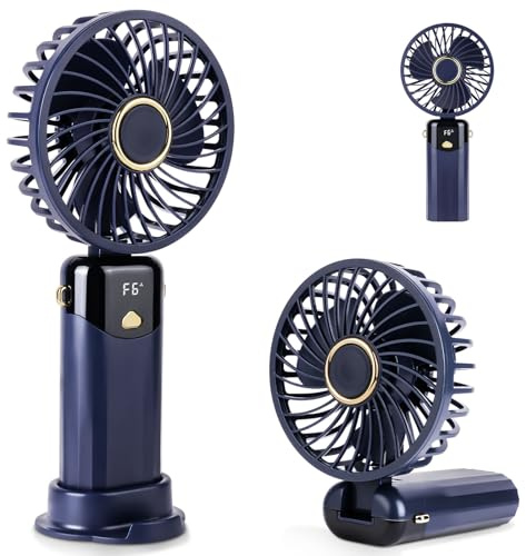 AUAUY Handventilator, Tragbarer USB Wiederaufladbarer Ventilator mit 6 Geschwindigkeiten, Zusammenklappbarer Handventilator mit Digitalanzeige, Tischventilator mit Basis für Home Büro Make-up Outdoor