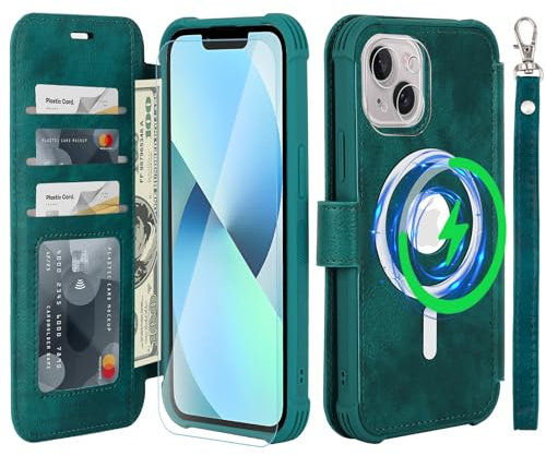VANAVAGY Wallet Case Compatible for iPhone 14/13 for Magsafe Wireless Charging,Leather Flip Wrist [Glass Screen Protectors]with RFID Blocking Card Holder,Midnight Green