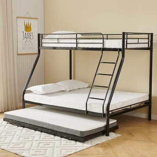 Generisch Etagenbett 3 Personen, Metall Hochbett mit Ausziehbett, Sicherheitsgeländer 30cm, Schwarz, 140×200cm/90×200cm
