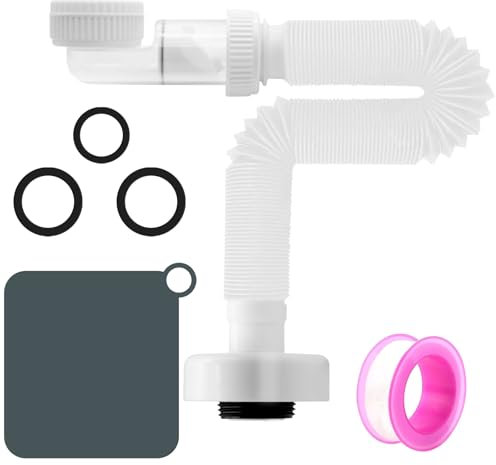 MSIHEY Siphon, 1 1/4 Zoll, 360° verstellbar, für Waschbecken und Küchenspülen, mit PTFE-Dichtungsband und Abflusspolster