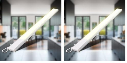 B.K.Licht - LED Leiste mit Ein-Ausschalter, warmweiße Lichtfarbe, inkl. Steckerkabel, Unterbauleuchte Küche, LED Lichtleiste Küche, Schrankbeleuchtung, Küchenlampe, 57,5x4,9x1,3 cm, Weiß-Silber