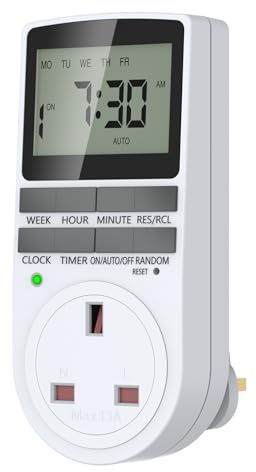UrbanLuxe Digital Security Timer Plug Socket with 10 ON-Off Programs, Electrical Timer Plug with LCD Display, Security Random Mode, Suitable for Home Appliances (240V/13A/3120W)