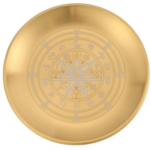 CREATCABIN Cuenco de Ofrenda de Las Doce Tonstelaciones, Plato Ritual de Altar, Cuenco Plano de Acero Inoxidable, Bandeja Redonda para Joyas, Plato de Tarot de Oración, Soporte de Anillo Negro 14cm