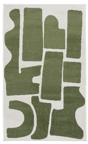 RugVista Contour Teppich, 140 x 200 cm, Grün/Off Weiß | Moderne, Rechteckig, Mittlerer Stapel, Maschinenwäsche, Oeko-Tex 100, Wohnzimmer, Schlafzimmer